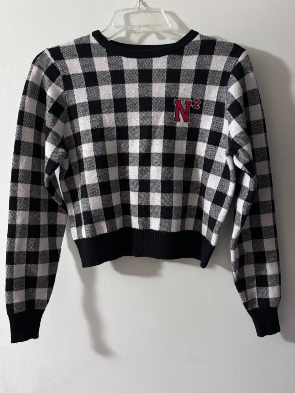 Noname Brand Black White Gingham Plaid Varsity Letter Crop Sweater 18